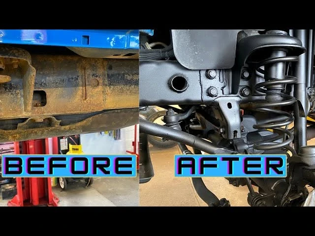 Before and after comparison of a rusted vehicle frame and a freshly coated frame